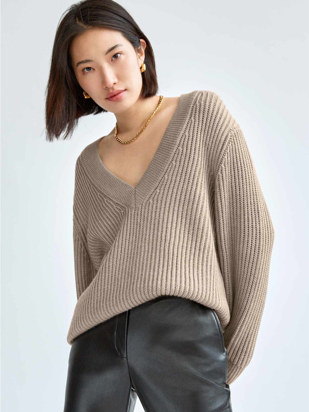 BABATON | Aritzia Roger Ribbed Sweater in Heather Oat Beige 100% Merino Wool